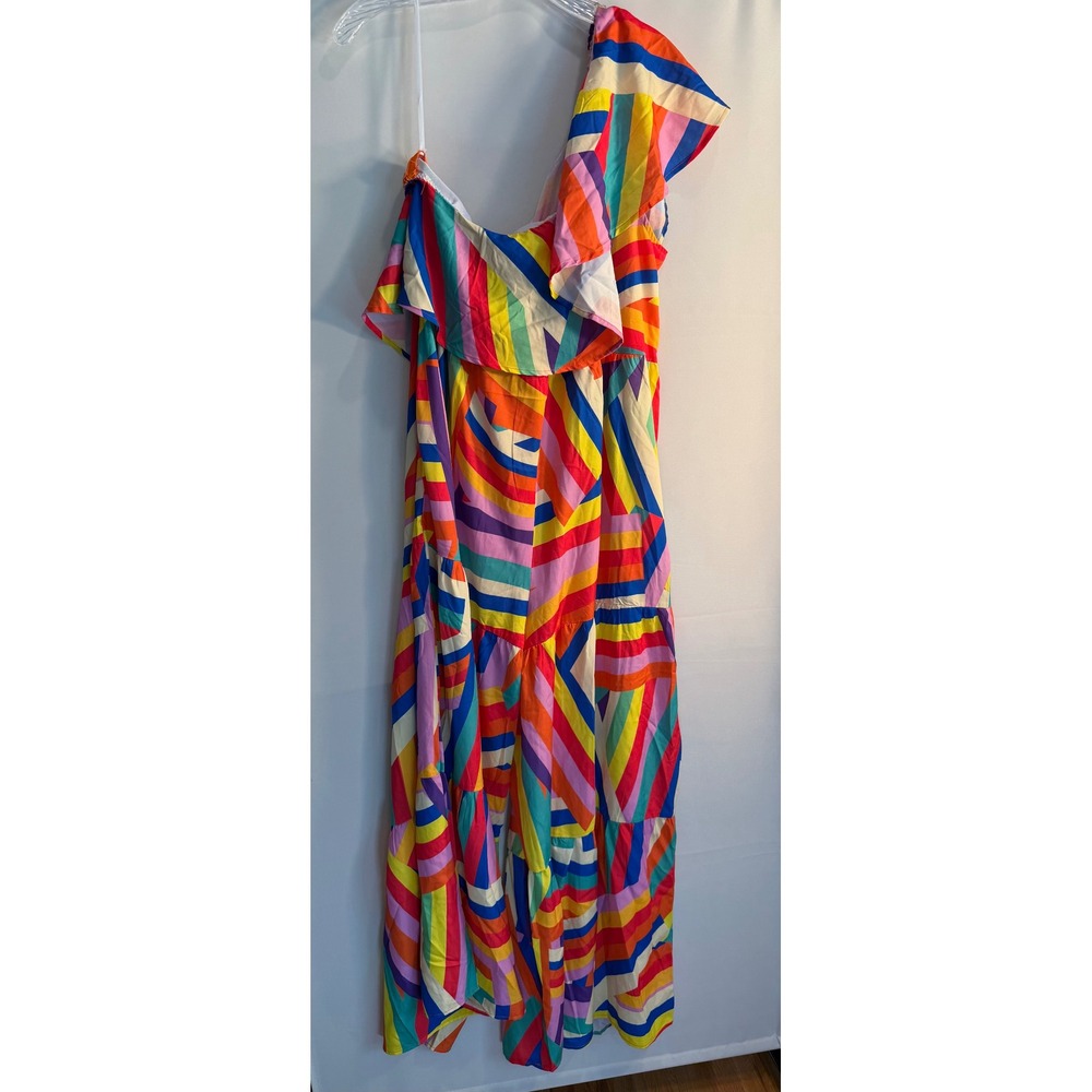 SHEIN Curve Womens 2XL Rainbow Stripe One Shoulder Ruffle Wide Leg Jumpsuit